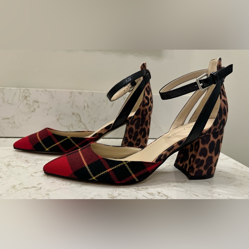 Marc Fisher Tartan Plaid Leopard Ankle Strap Block Heels 6 - Picture 12 of 12